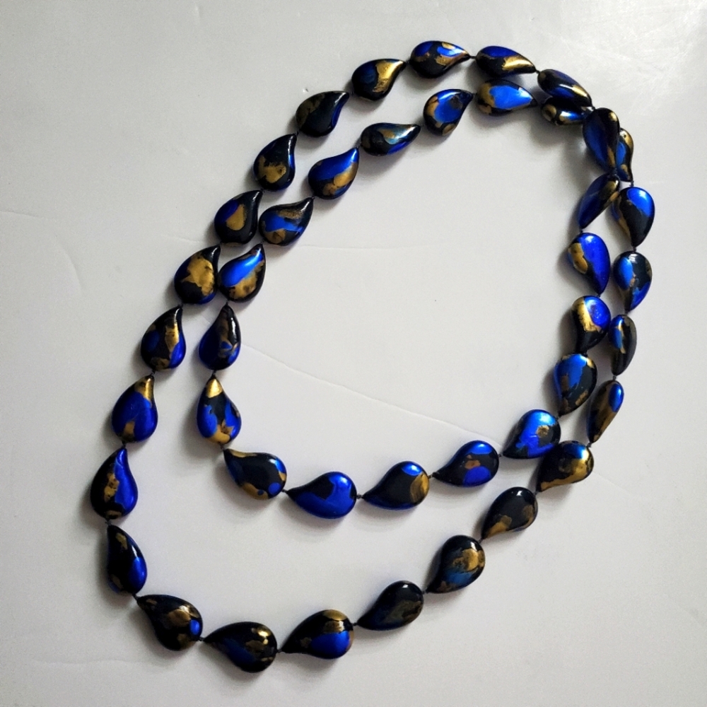 VTG AVON Flaming Teardrop Beads Necklace Black & Gold & Cobalt Blue